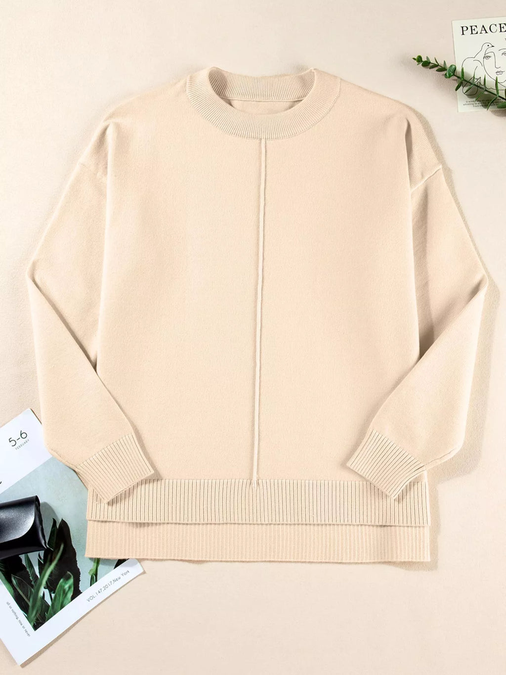 Front Center Seam Drop Shoulder Solid Sweater