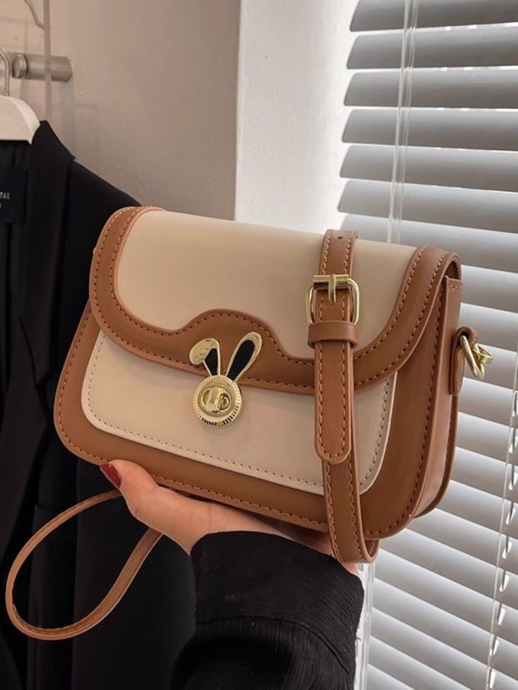 Rabbit Decor Color Block Flap Crossbody Bag