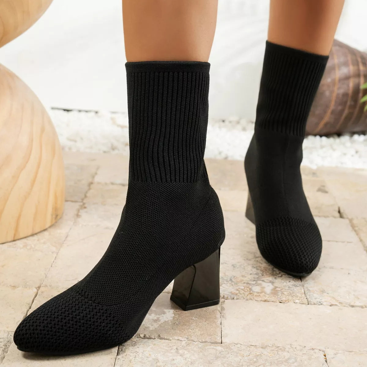 Point Toe Knit Sock Boots with Block Heels