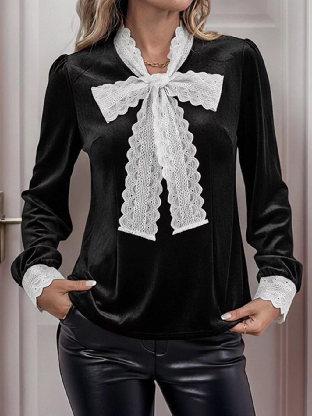 Lace Bow Tie Velvet Blouse