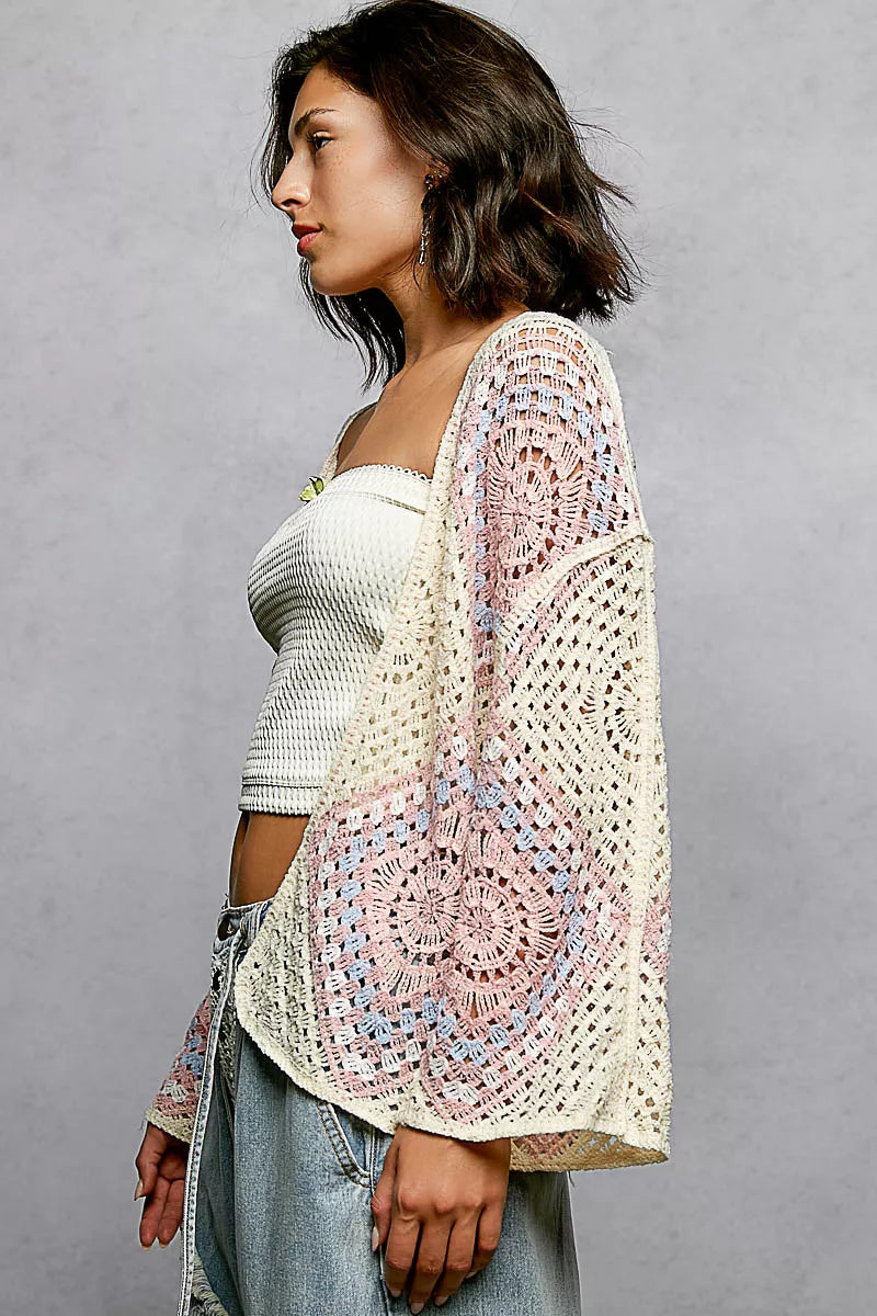 POL Open Front Crochet Cardigan with Granny Square Pattern