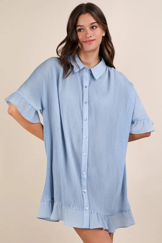 VERY J Pleated Detail Button Down Mini Dress