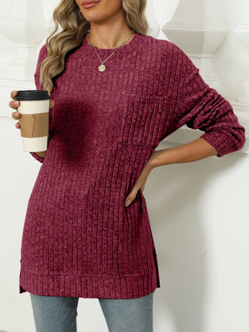Ribbed Knit Round Neck Sweater