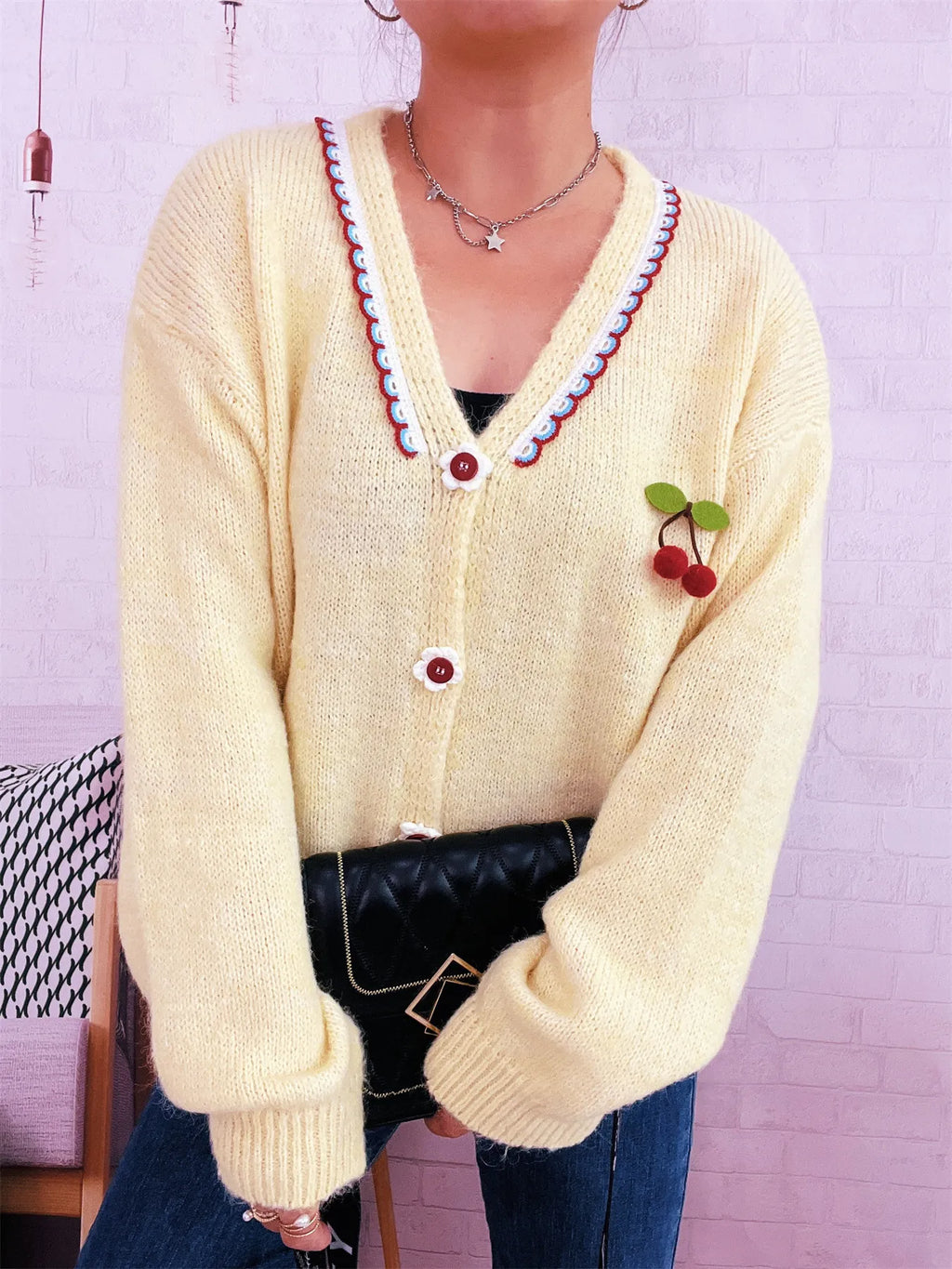 Cherry Button-Front Long Sleeve Cardigan