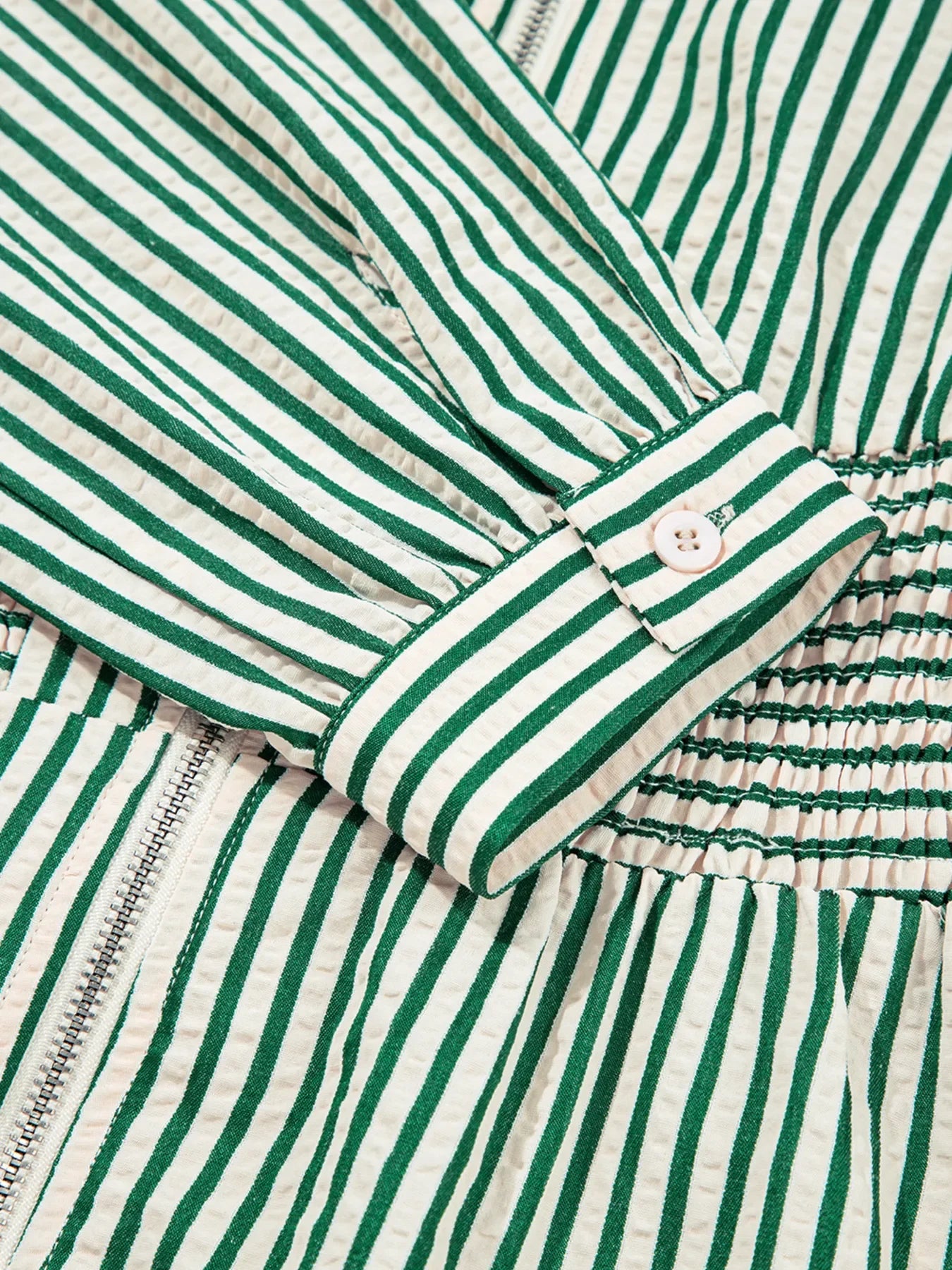 Stripe V Neck Zip Front Cinched High Waist Midi Dress
