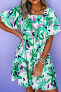 Floral Print Shirred Square Neck Loose Fit Mini Dress
