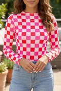 Plaid Heart Mesh Sheer Long Sleeve High Neck Top