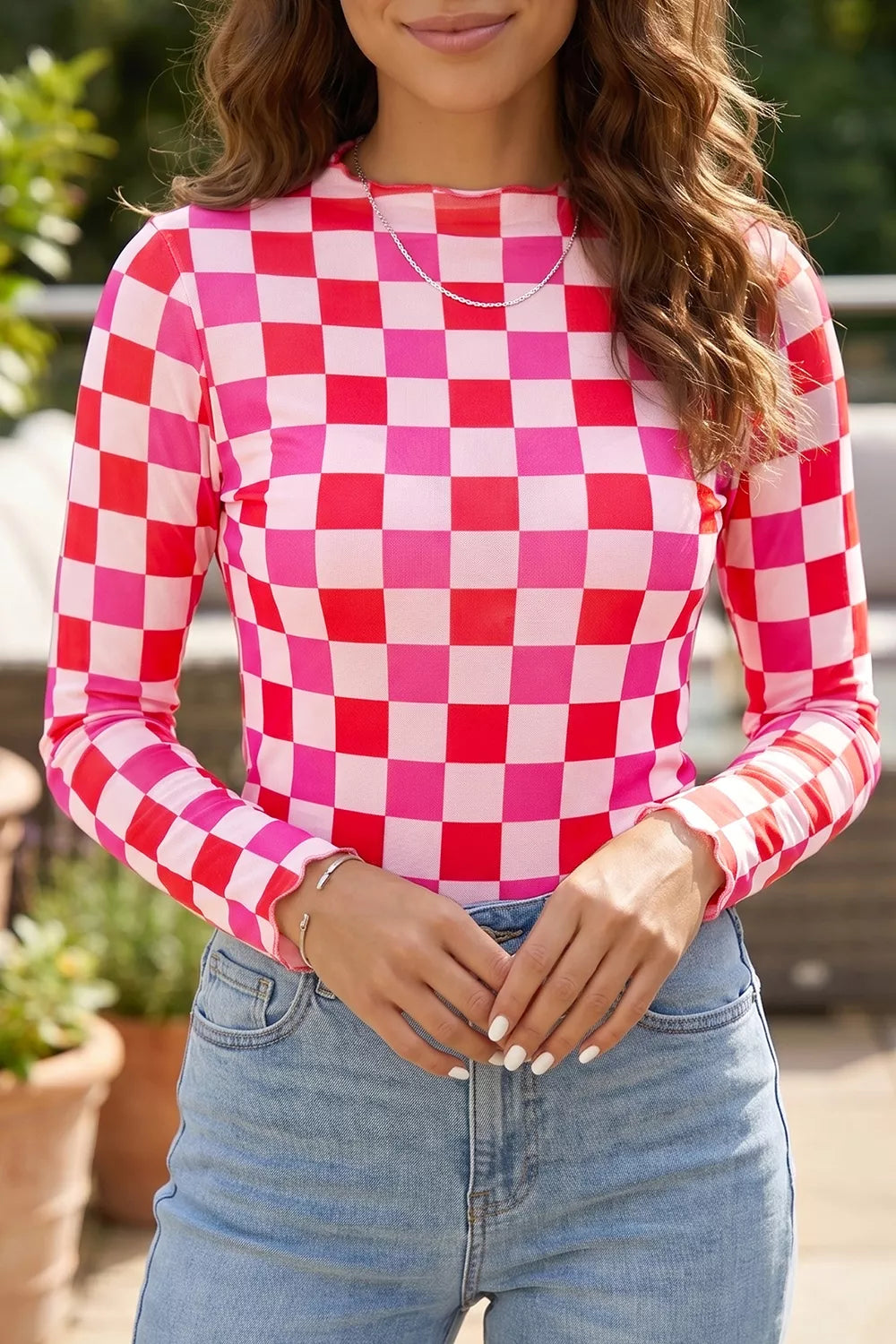 Plaid Heart Mesh Sheer Long Sleeve High Neck Top