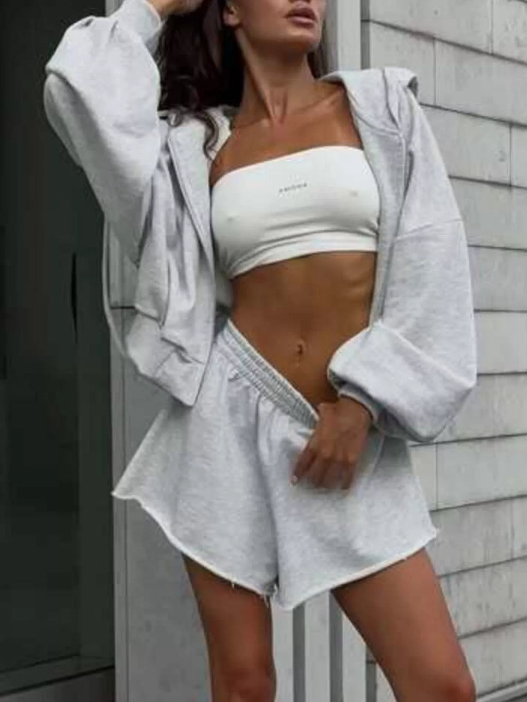 Zip Up Long Sleeve Outerwear and Shorts Set