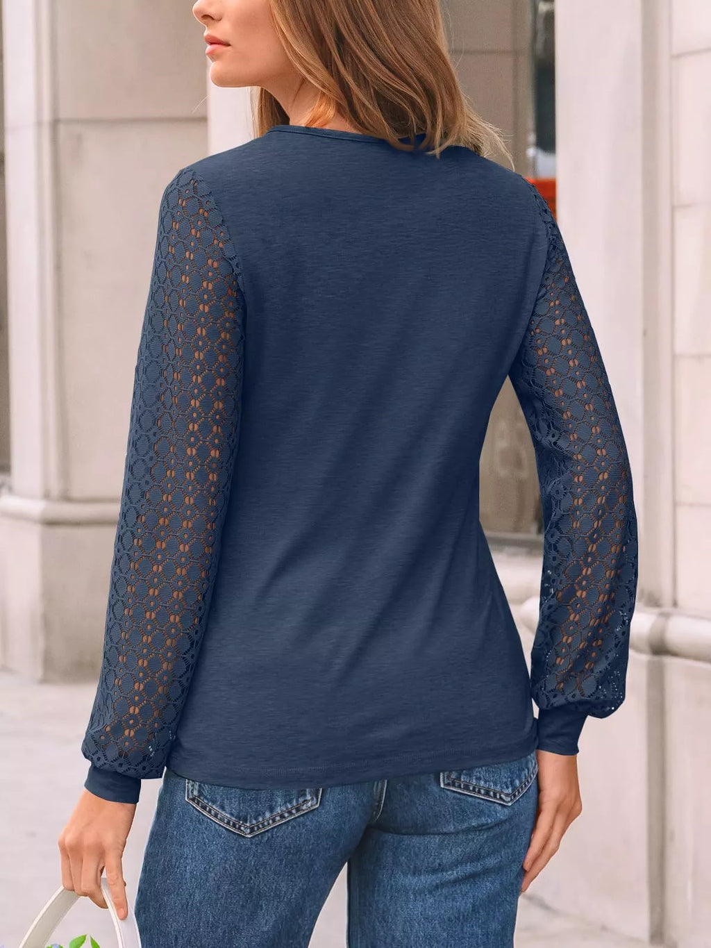 Lace Sleeve Crew Neck T-Shirt