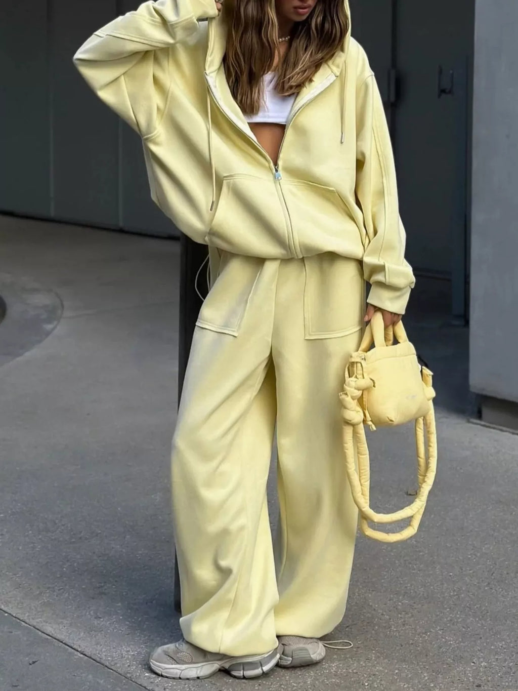 Oversized Zip-Up Hoodie and Wide-Leg Pants Set