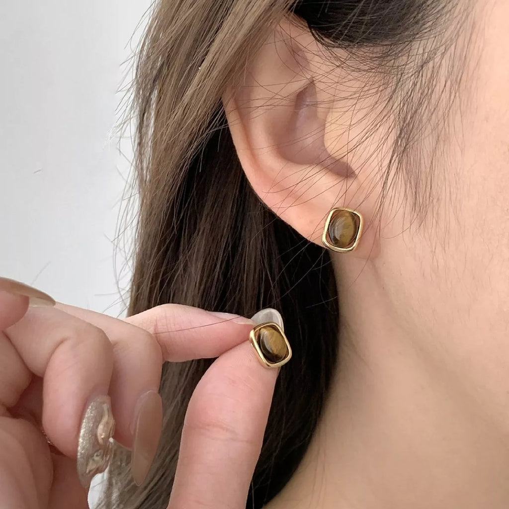 Square Tiger Eye Stud Earrings