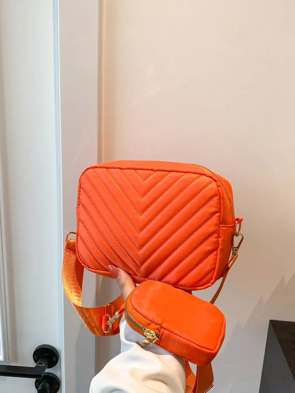 Chevron Quilted Crossbody Bag with Mini Pouch