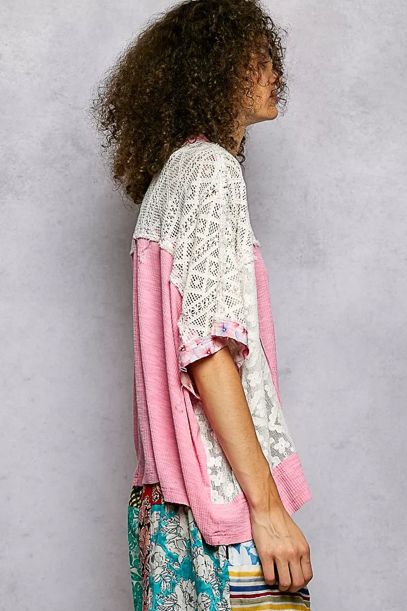 POL Floral Patchwork Lace Accent Blouse