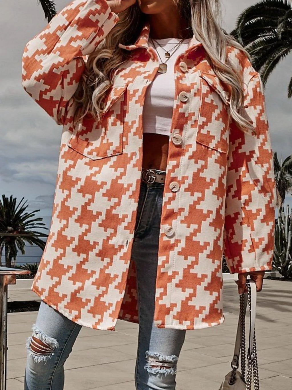 Houndstooth Button Up Long Sleeve Outerwear