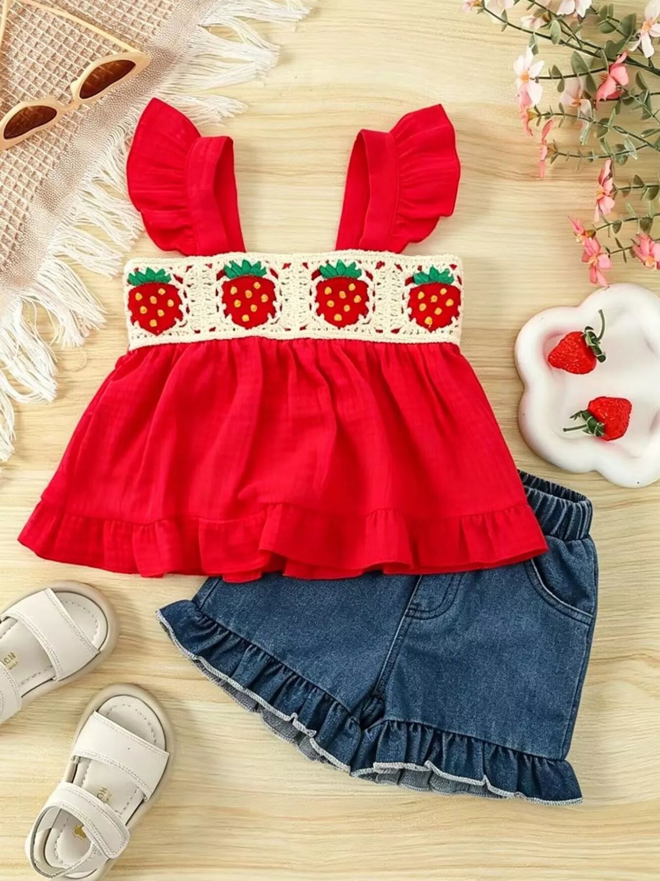 Children's Strawberry Crochet Trimmed Top and Denim Shorts Set