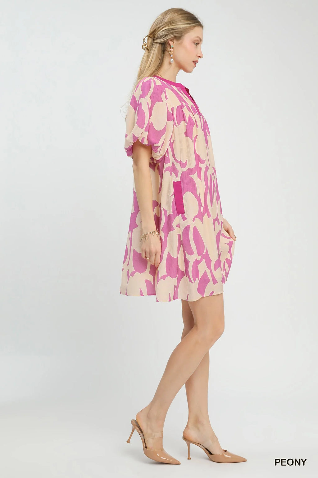 Umgee Abstract Print Puff Sleeve Shift Dress