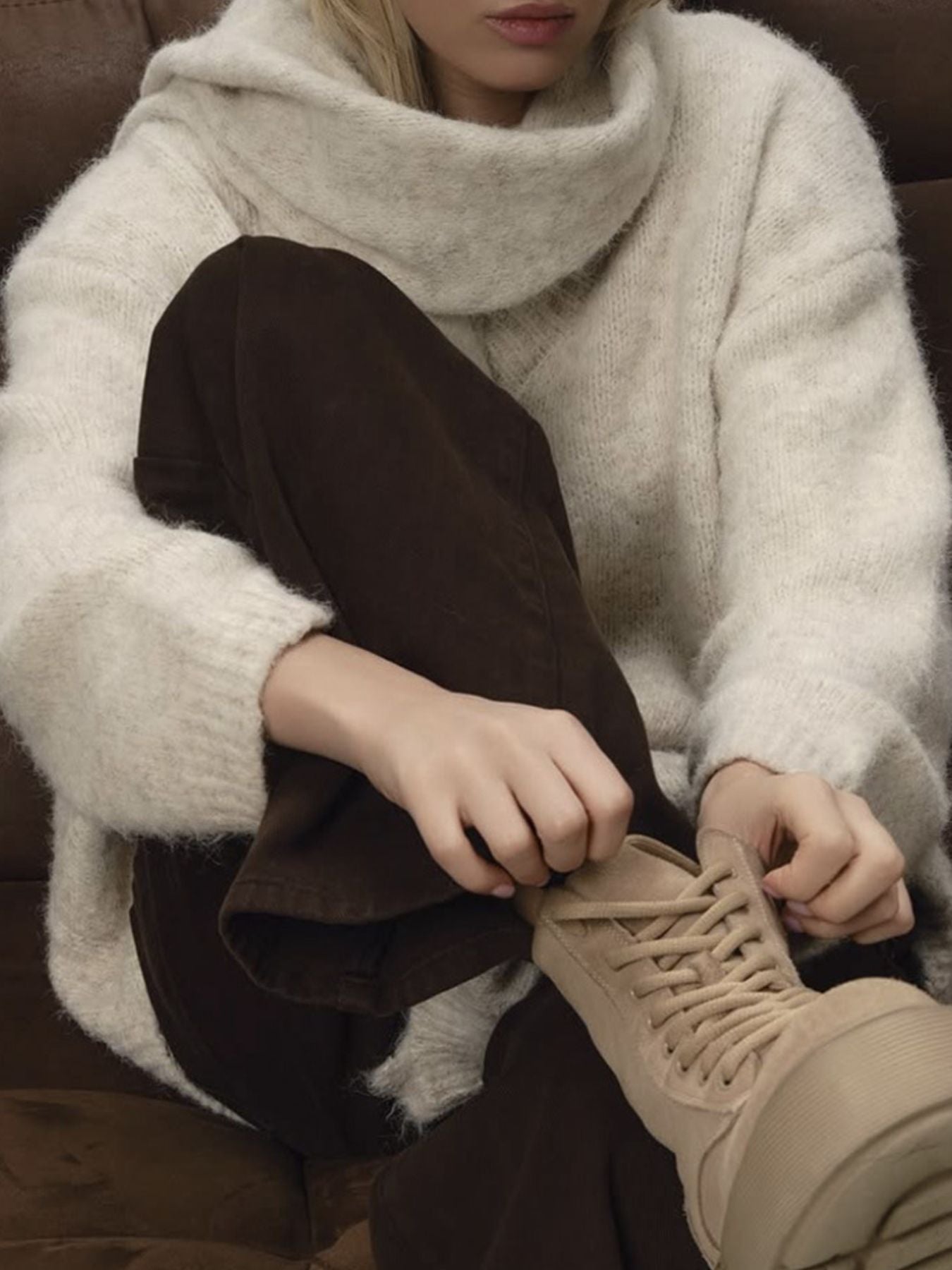 Oversized V-Neck Dropped Shoulder Sweater with Scarf