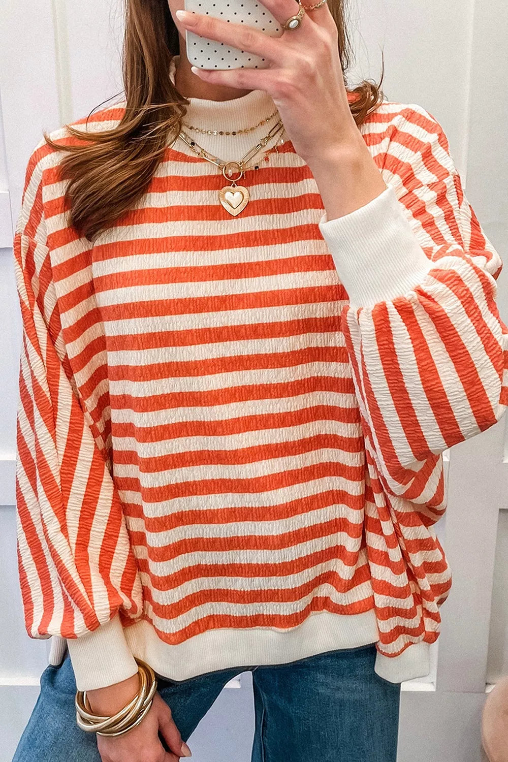 Striped Textured Stand Neck Oversized Long Sleeve Top