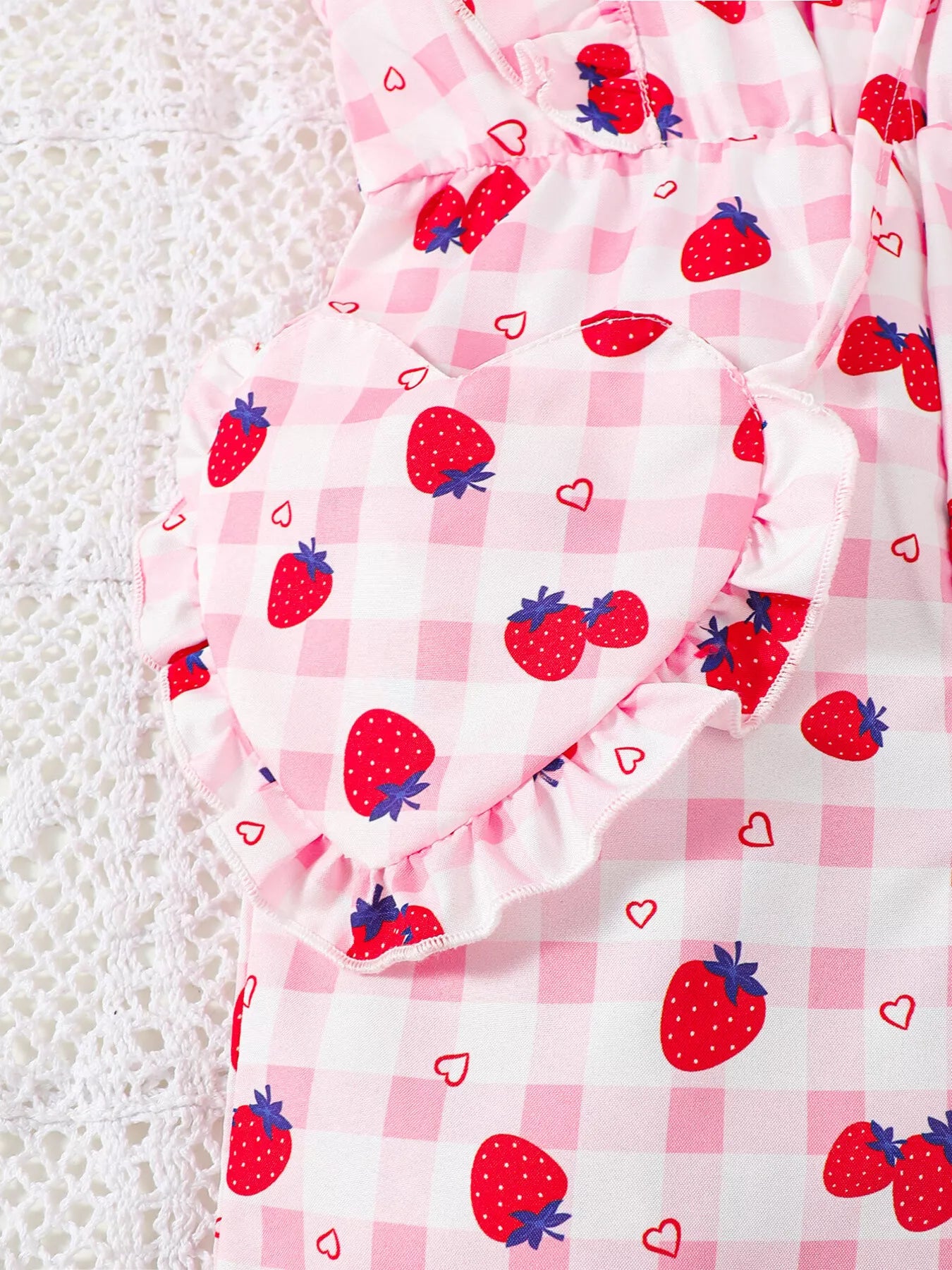 Children's Strawberry Print Ruffle Trim Jumpsuit & Headband Set
