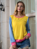 Shiny Contrast Round Neck Long Sleeve Top