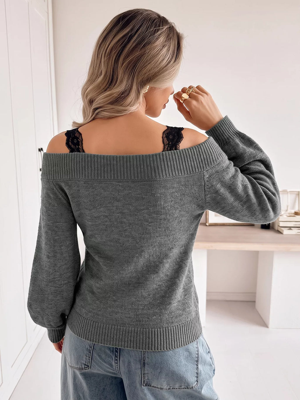 Off-Shoulder Lace Trim Sweater