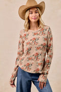 BiBi Floral Print Washed Waffle Thermal Top with Thumb