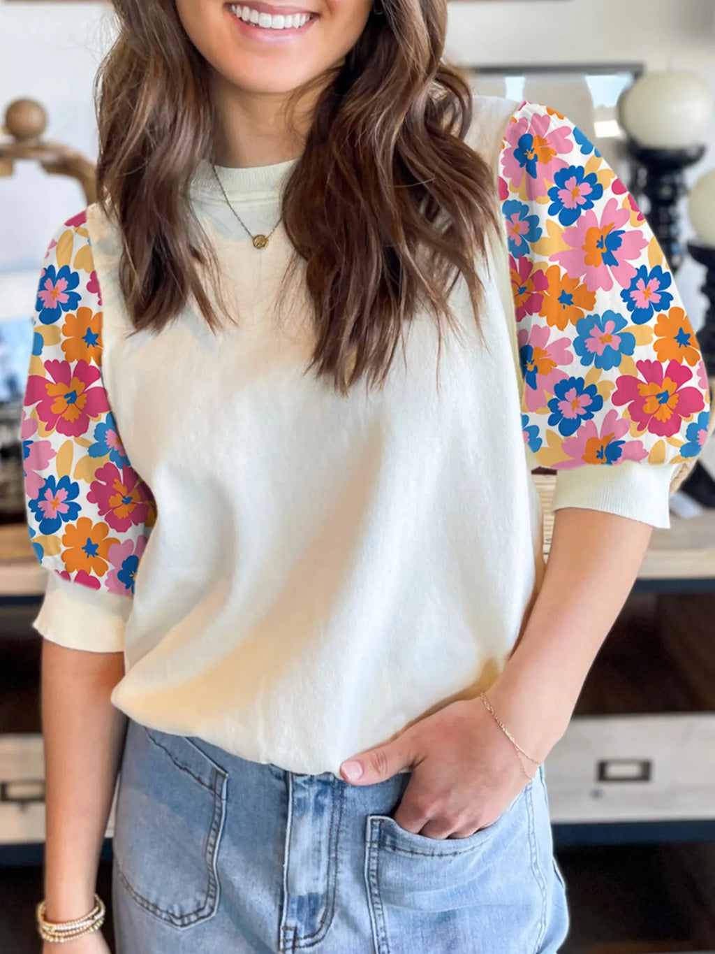 Floral Puff Sleeve Round Neck T-Shirt