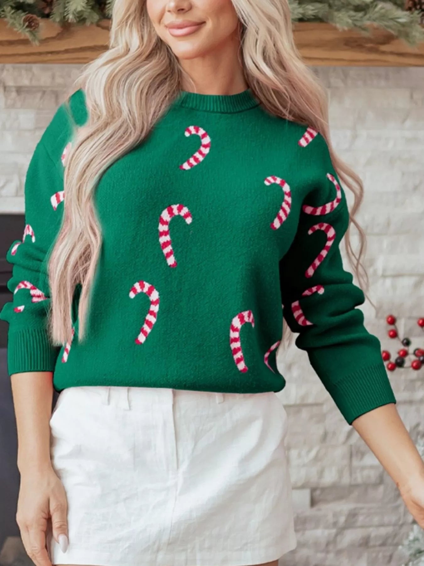 Christmas Candy Cane Holiday Drop Shoulder Sweater
