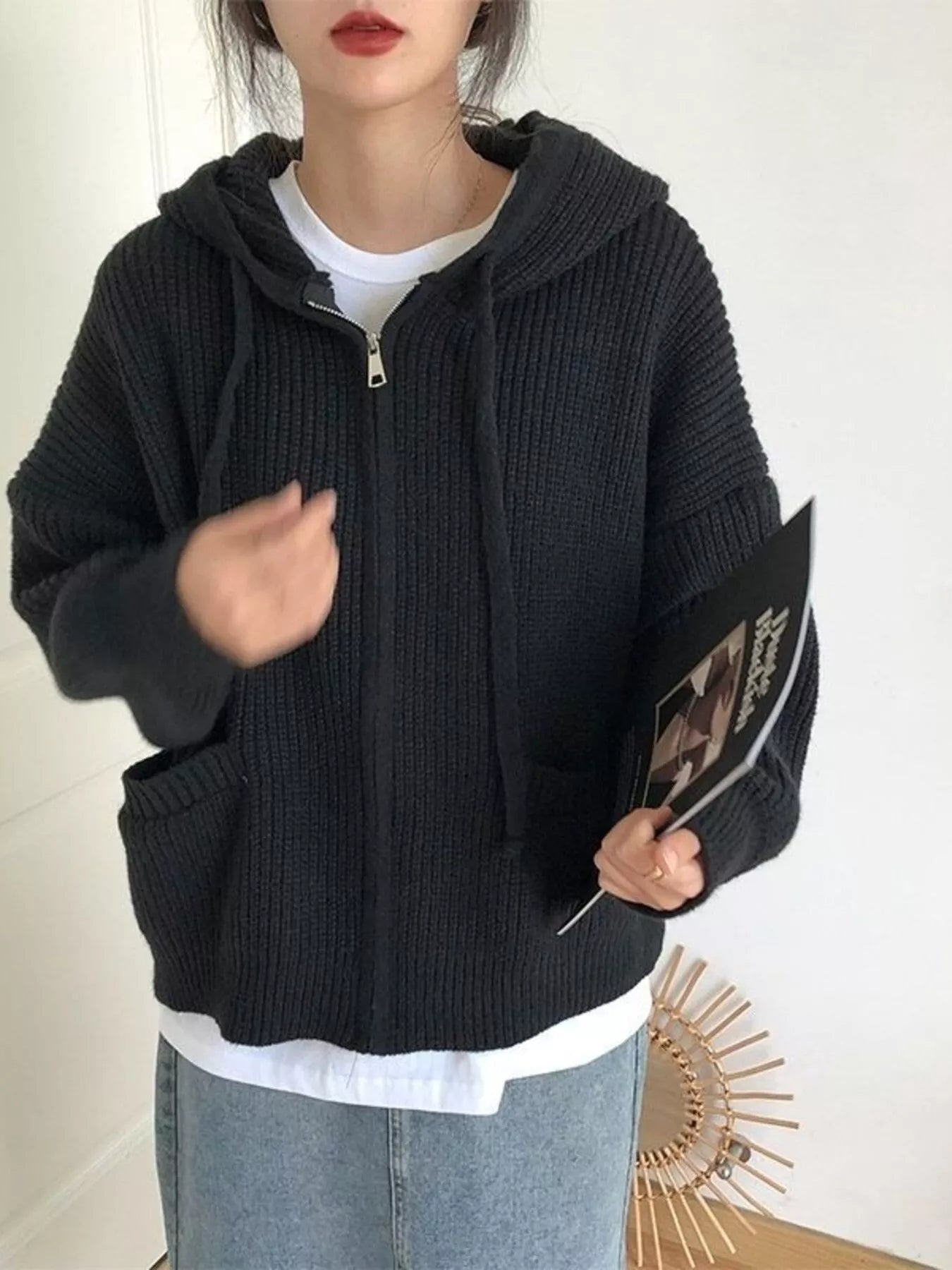 Full Size Casual Knitted Zip-Up Hooded Cardigan Plus Size