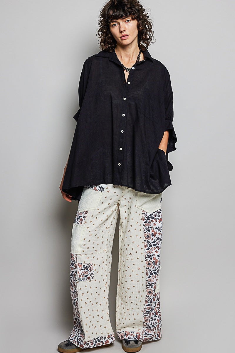 POL Button Down Half Dolman Sleeve Shirt