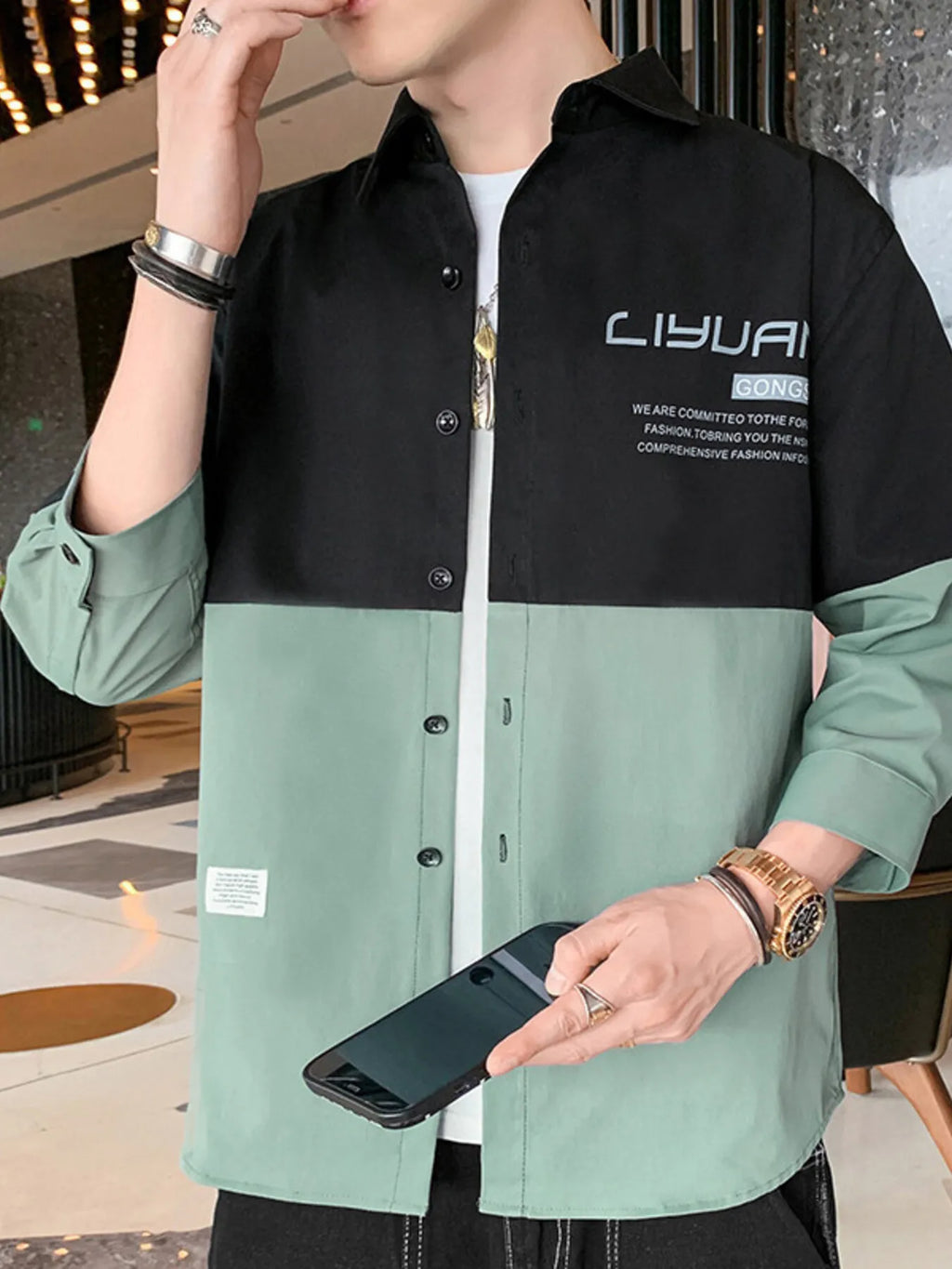 Men's Plus Size Two-Tone Casual Button-Down Shirt