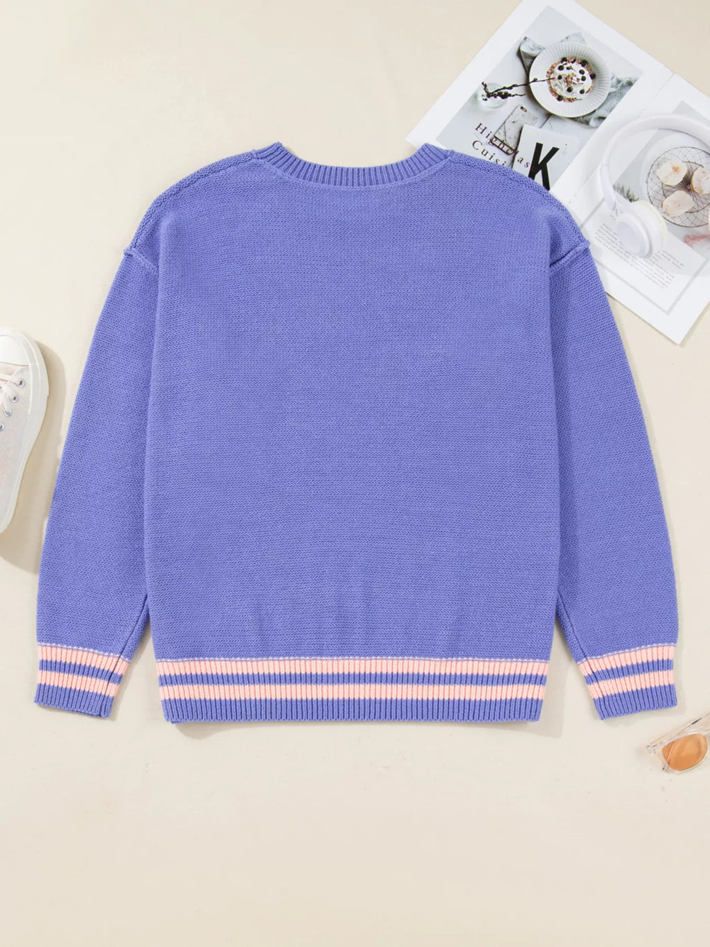 Plus Size Striped Trim Drop Shoulder Knit Loose Sweater