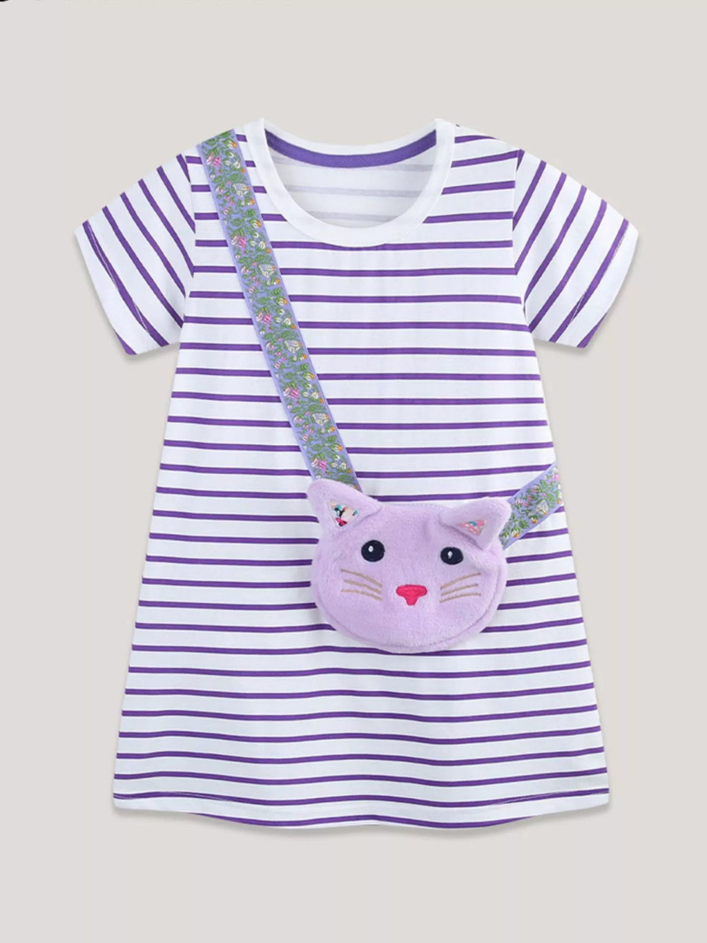 Children's Striped Casual Dress with Cat Bag