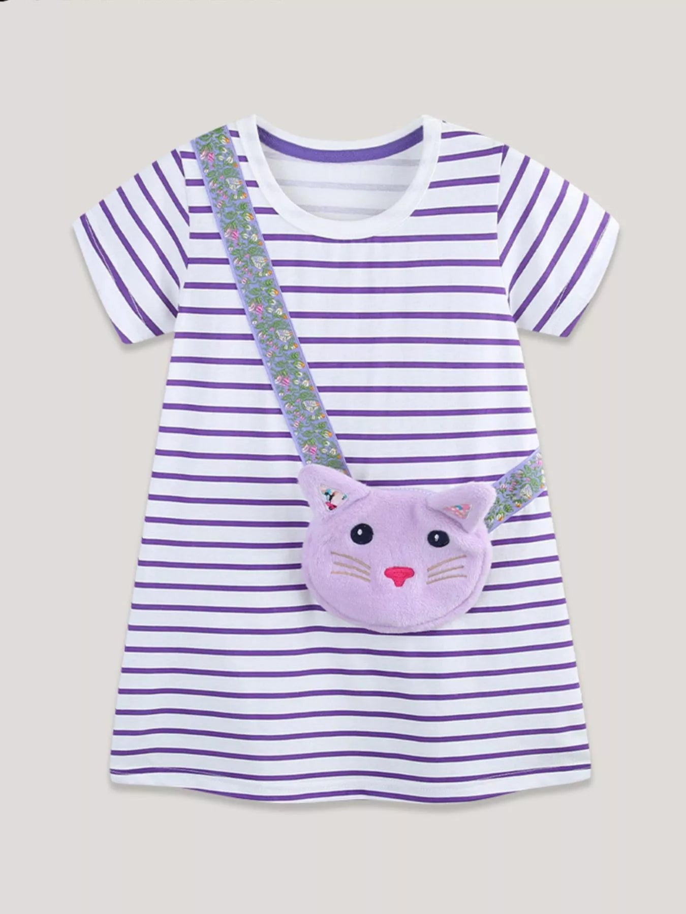 Children's Striped Casual Dress with Cat Bag
