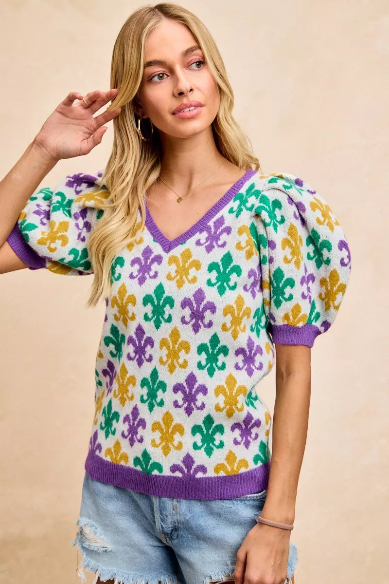 BiBi Mardi Gras Fleur De Lis Patterned V Neck Knit Top