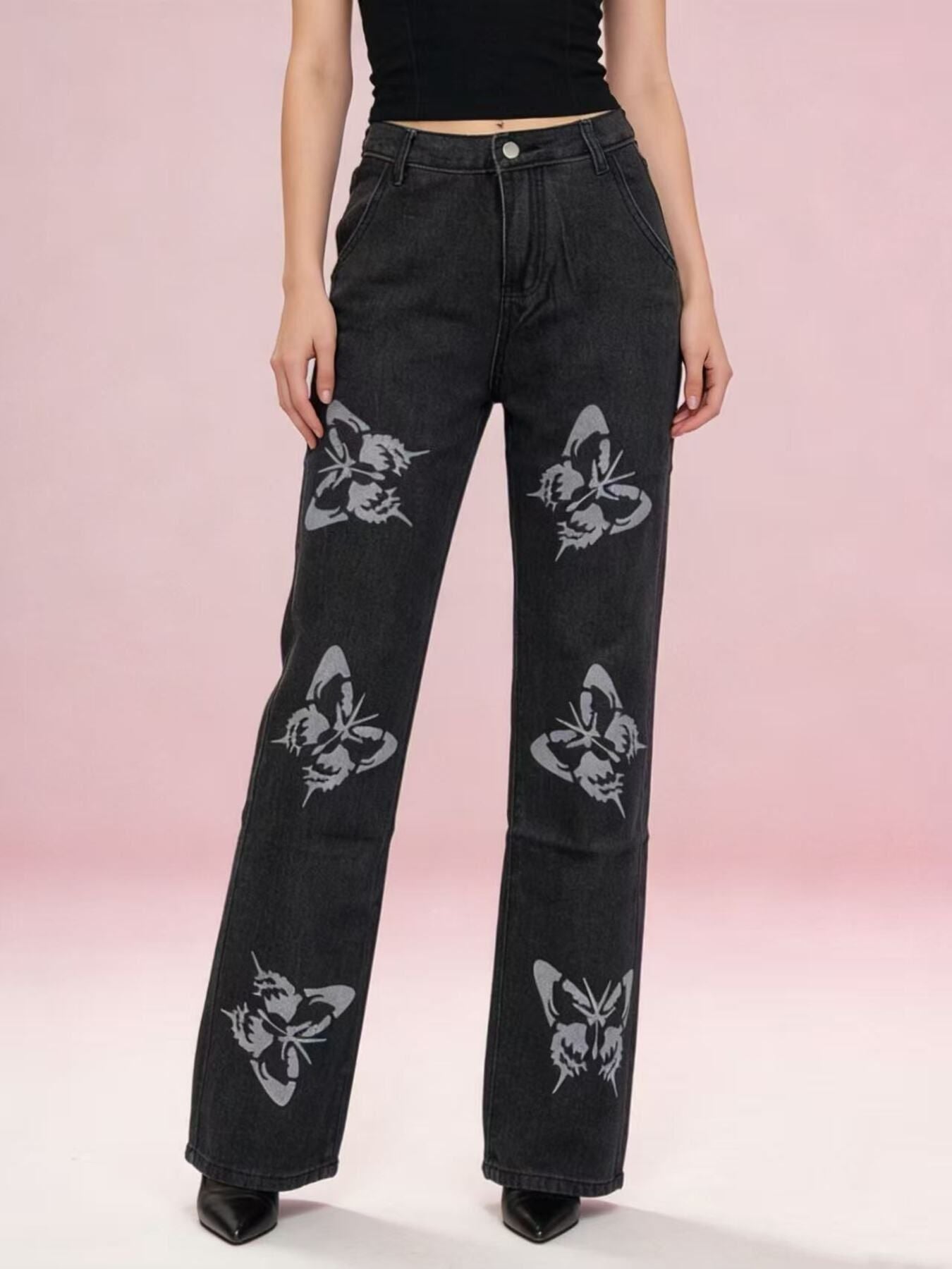 Butterfly Print High-Waisted Wide Leg Jeans