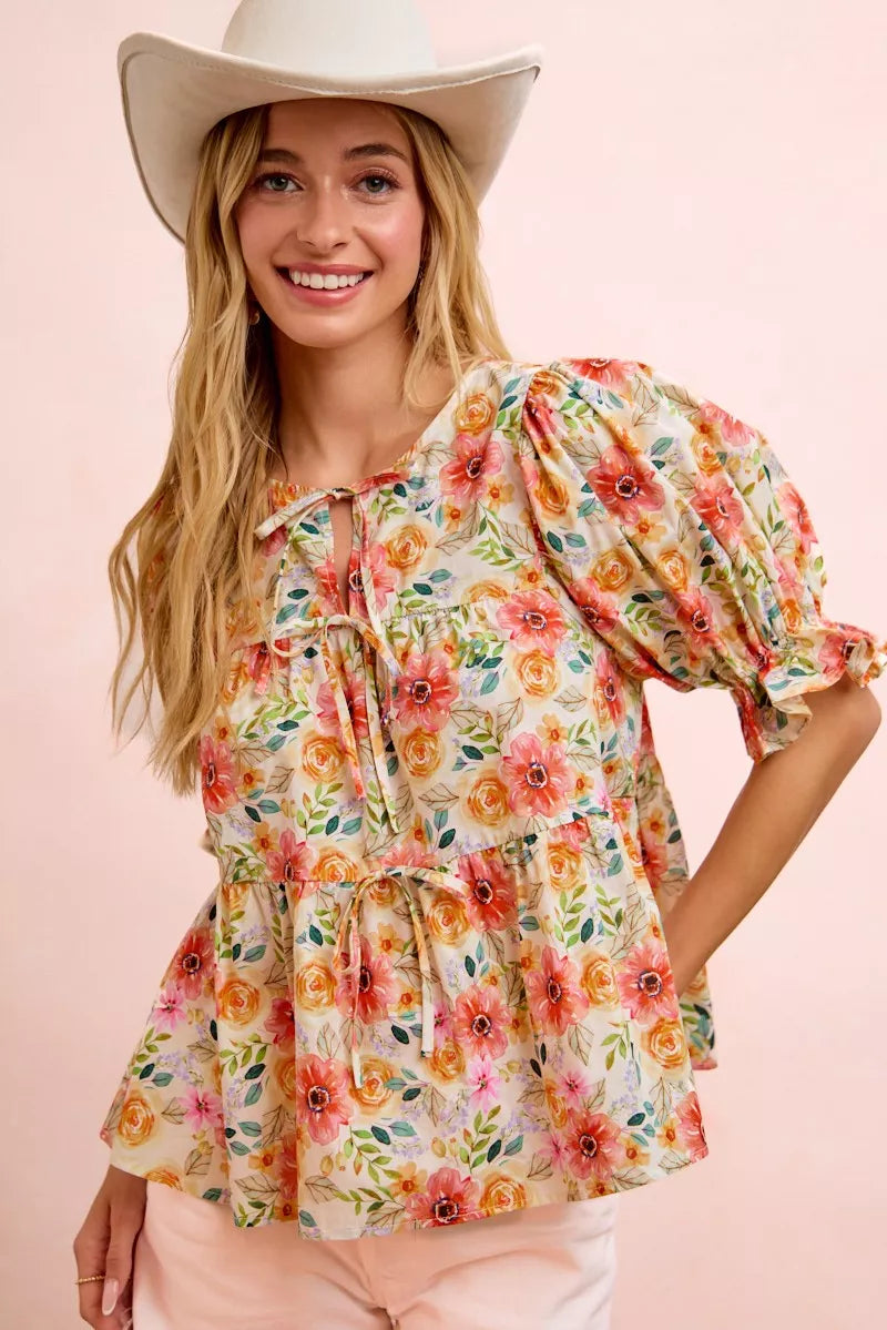 BiBi Flower Printed Shirring Detail Blouse Top