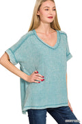 Zenana Acid Washed Double Gauze V-Neck Tee