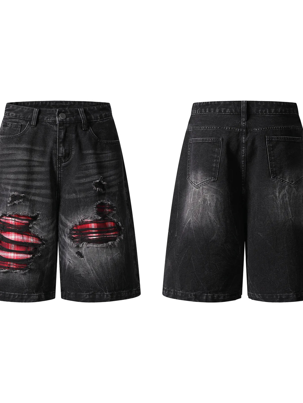 Men's Distressed Denim Shorts with Plaid Patches