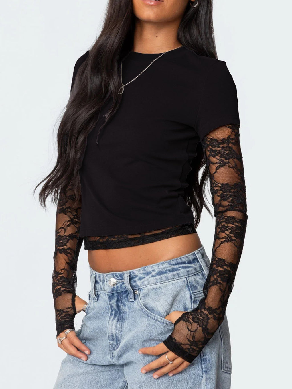 Lace Sleeve Fitted T-Shirt