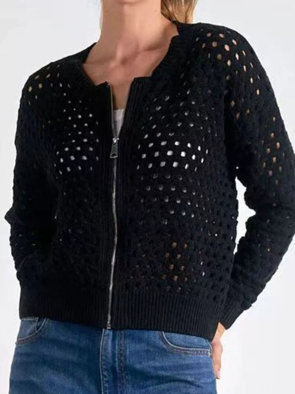 Full Size Zip Up Long Sleeve Cardigan with Eyelet Detail Plus Size