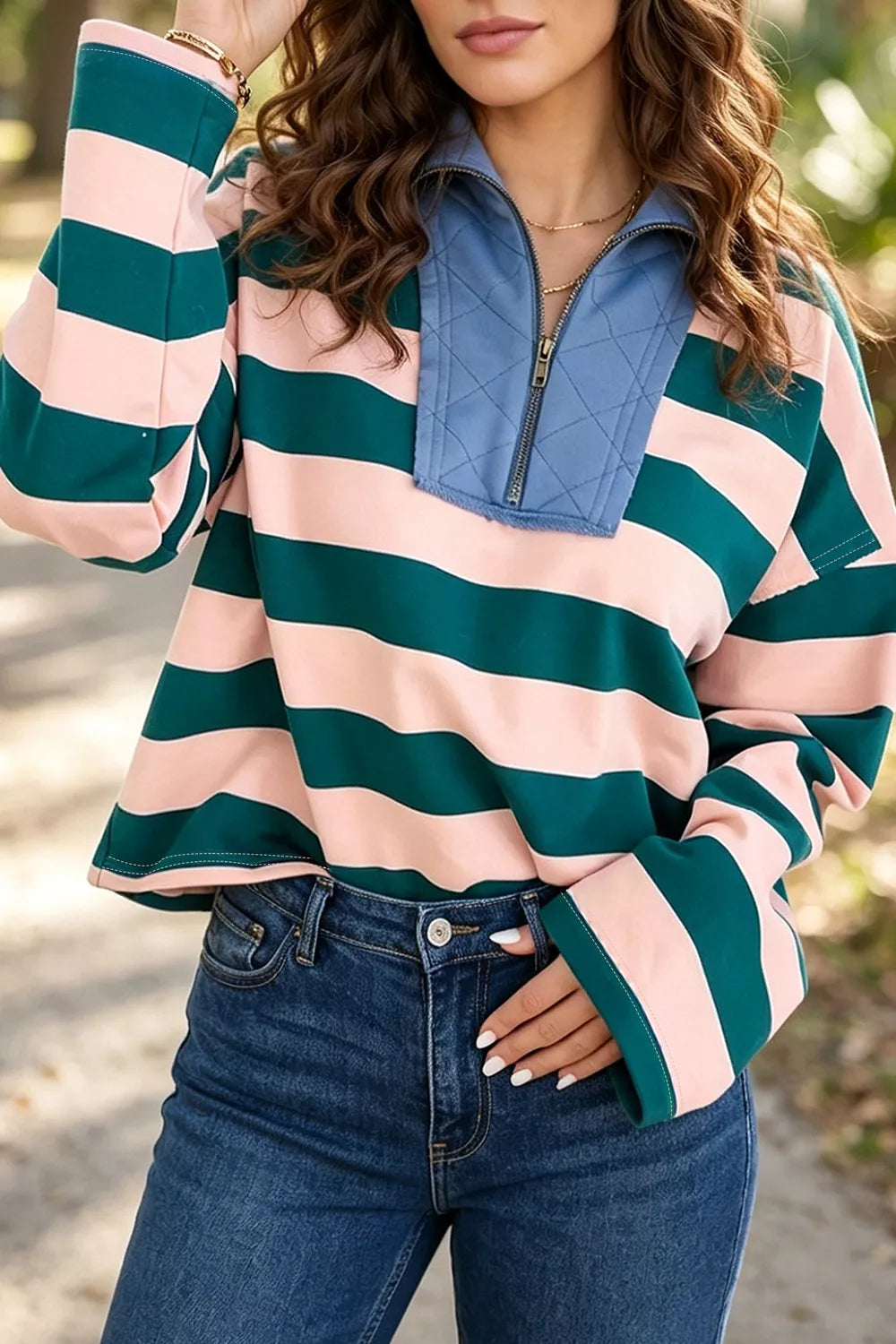 Stripe Quarter-Zip Metal Zipper Cover Stitch Hem Top