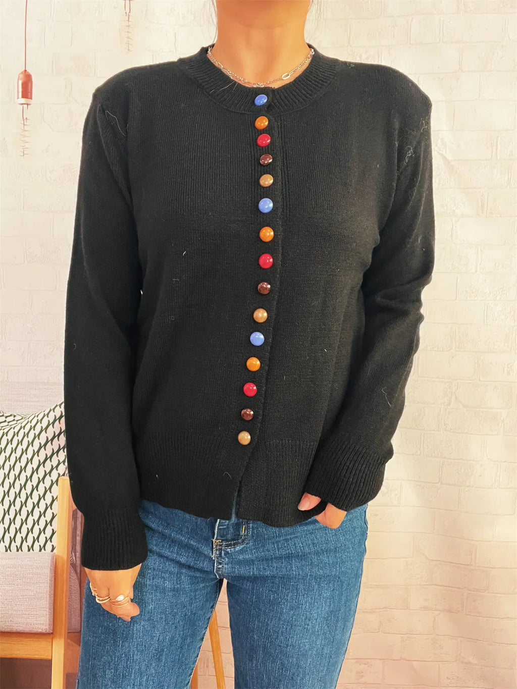 Button-Front Cardigan with Colorful Detail Buttons