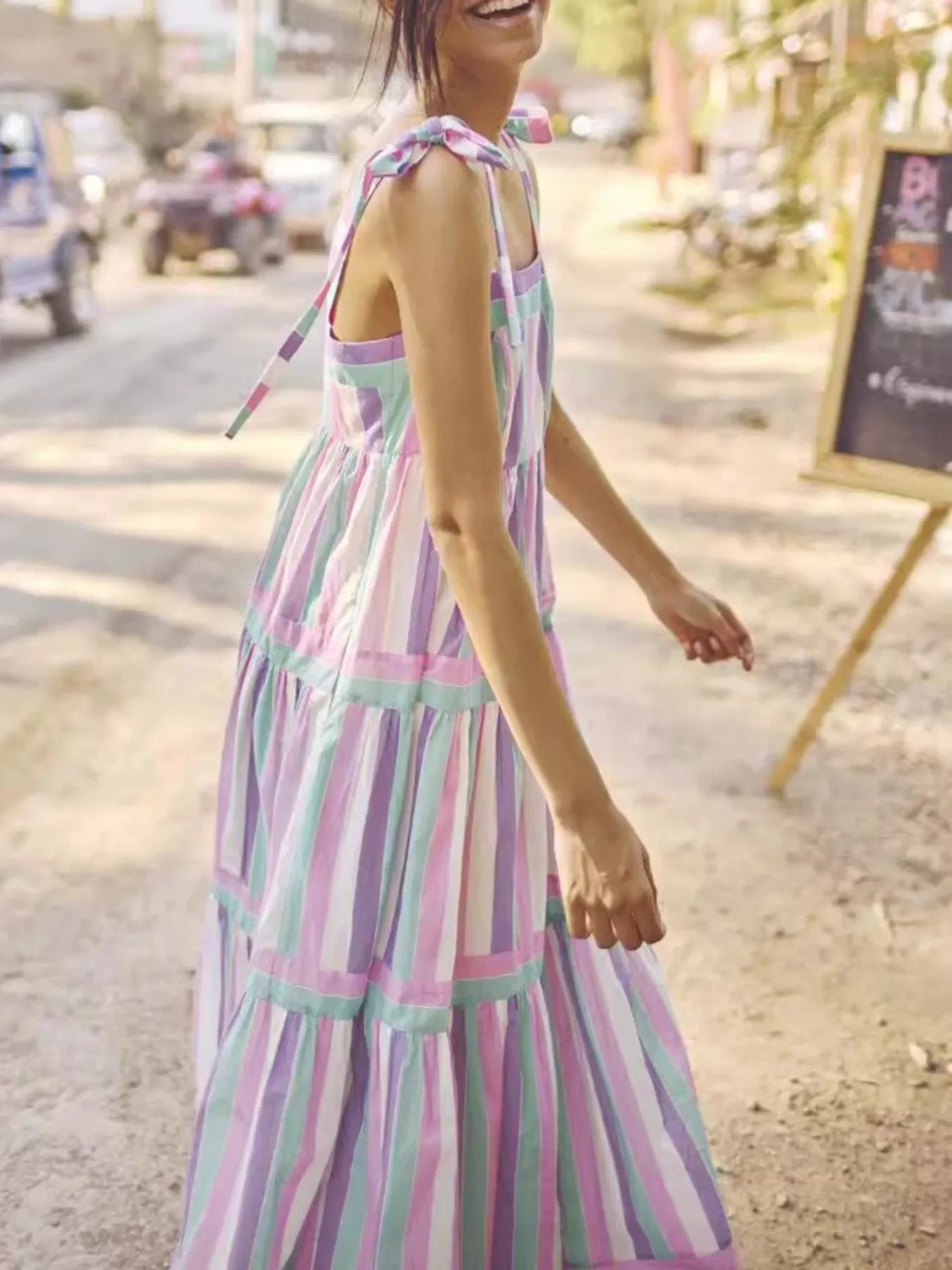 Striped Tiered Maxi Summer Dress with Bow Shoulder Ties