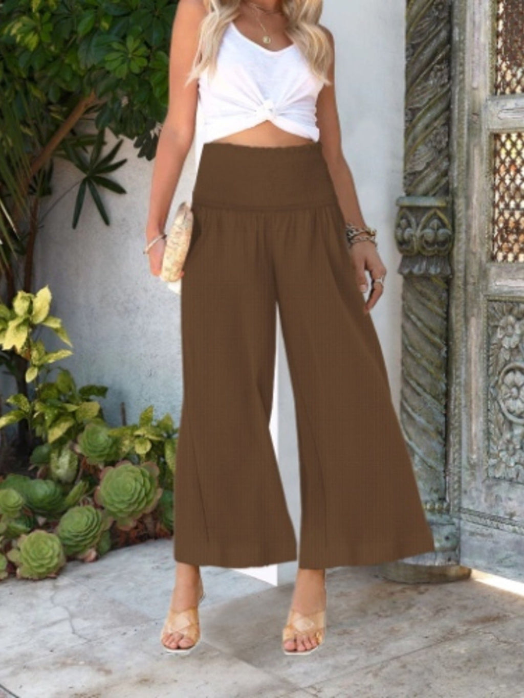 Wide-Leg Smocked Waist Pants