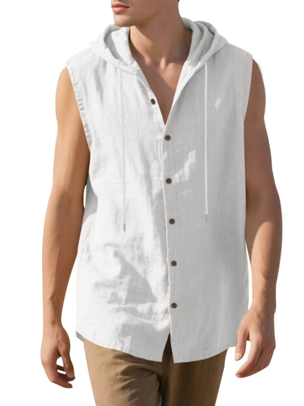 Men's Full Size Casual Sleeveless Hooded Button-Down Top Plus Size