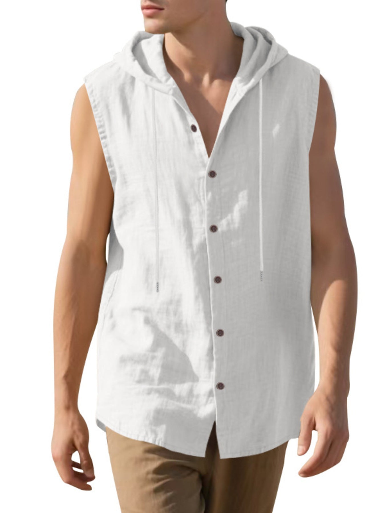 Men's Full Size Casual Sleeveless Hooded Button-Down Top Plus Size