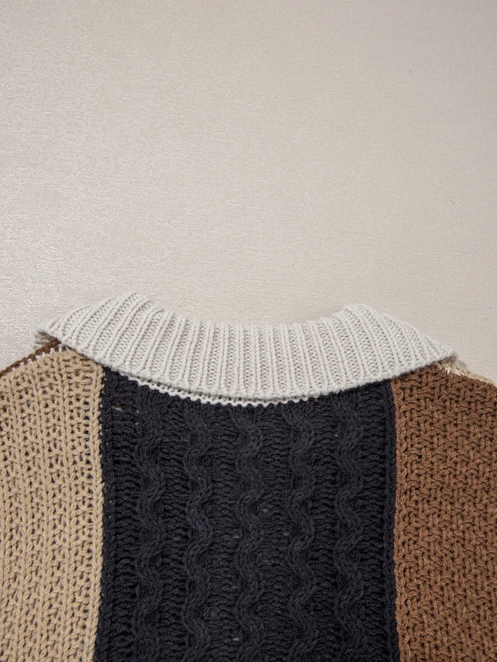 Multicolour Color Block Cable Knit Sleeve Buttons Collared Sweater