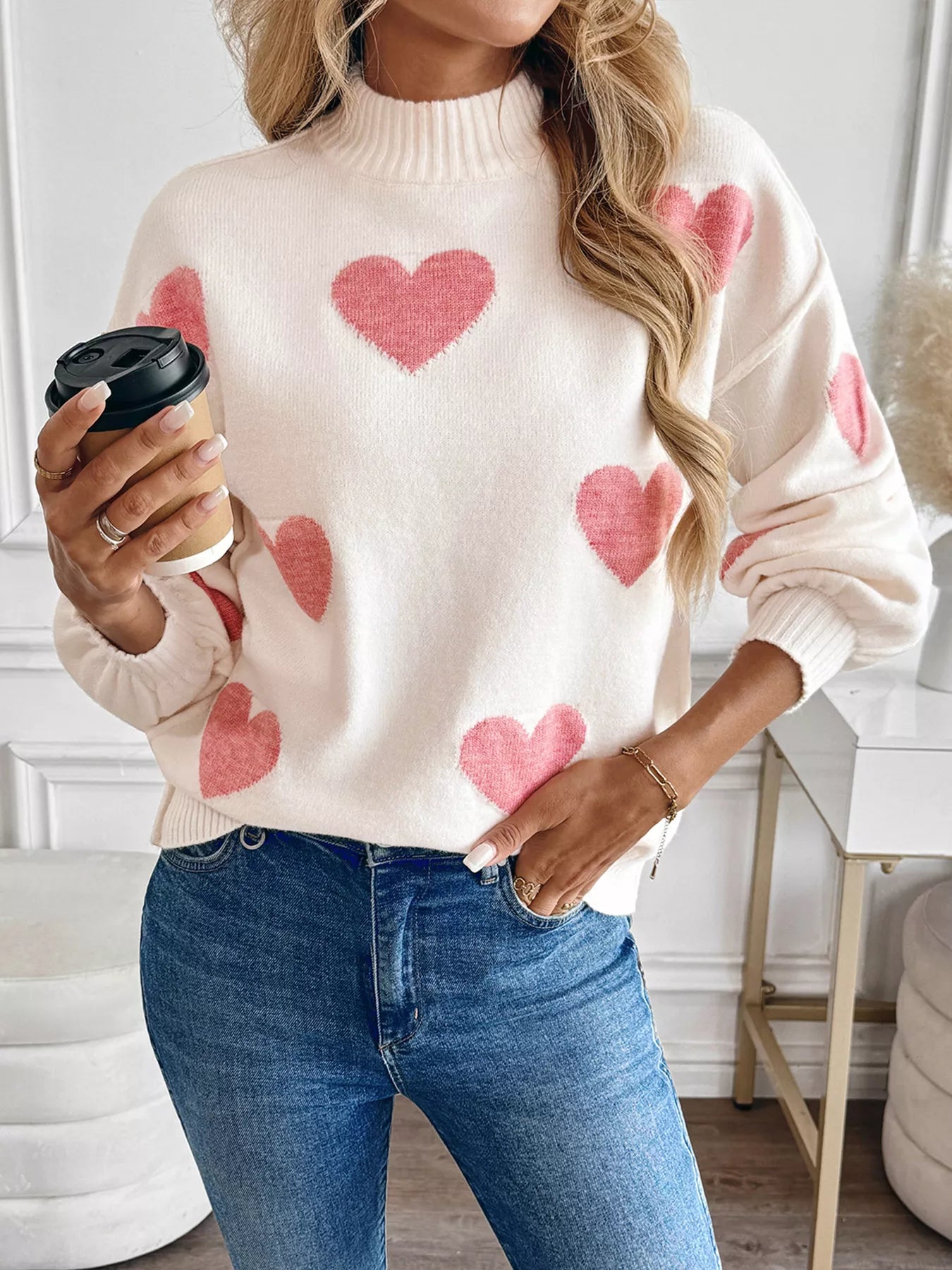 Heart Mock Neck Long Sleeve Sweater